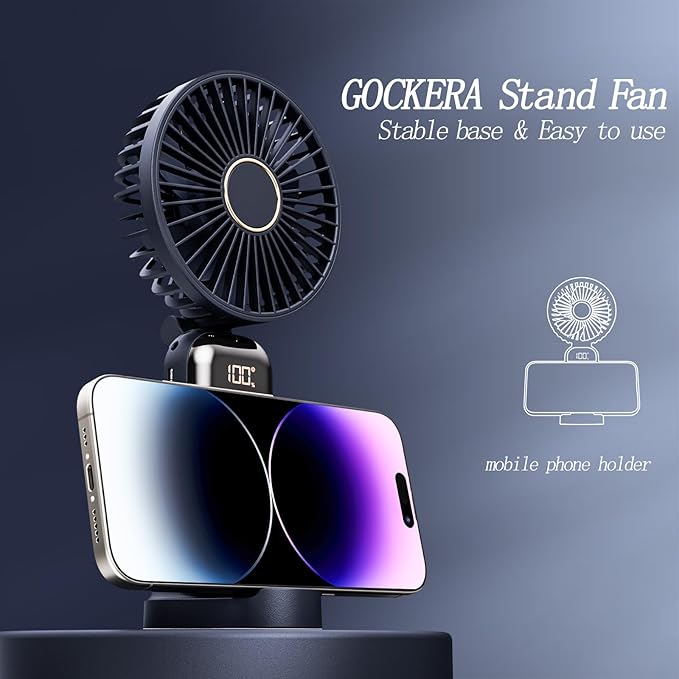 GOCKERA Portable Fan, 4200mAh Battery Operated Fan, 5 Speeds&Digital Display, Makeup Fans for Women with Base, 180°Foldable 3in1 Handheld/Neck/Desk Fan for Outdoor Indoor,Ultra Quiet (Blue)