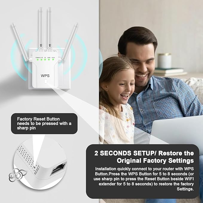 WiFi Extender Signal Booster,WiFi Extender, 5G WiFi Booster (Up to 10000sq. ft for 55+ Devices), WiFi Repeater with 4 Antennas 360° Coverage, WPS 1-Tap Setup with Dual Band 1200Mbps