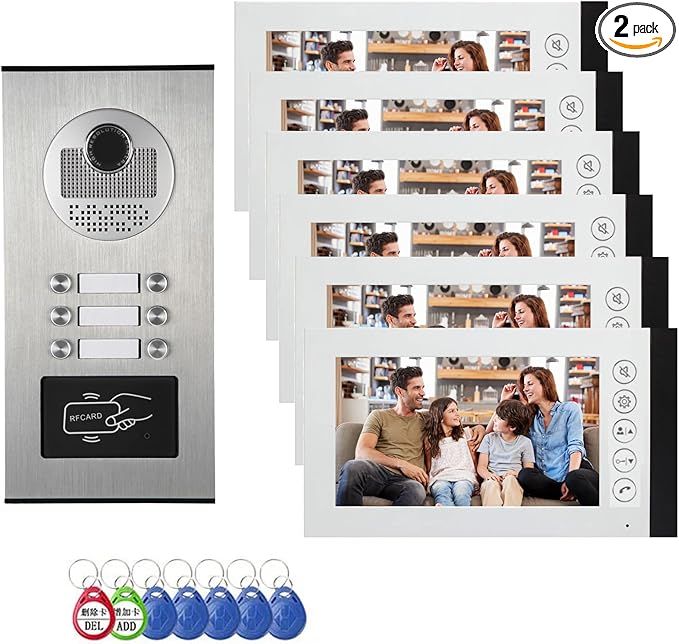 Wired Video Multifamily Apartment Intercom System,2/3/4/6/8/10/12 Units 7 inch Monitor Video Door Phone Kit,Video Doorbell, ID Card Unlock, 2 Way Audio for Home (1 doorbell + 6 Monitor)