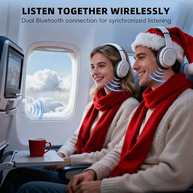 Wothfav Bluetooth 5.3 Wireless Audio Transmitter & Receiver, 3.5mm AUX Adapter, Supports 2 AirPods or Headphones, 25+ Hr Battery Life, Airplane Bluetooth Adapter for Travel, Flight, TV, Car & Gym