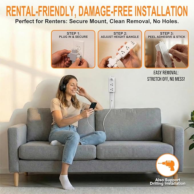 Wall Outlet Extender Stick & Electrical Plug Extension Outlet, Adjustable 8"-36" Wall Plug Extender, Multi Plug with USB C & A, 2 AC, 360° Access for Hard-to-Reach Outlets Behind Furniture Sofa Desk