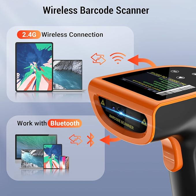Tera Barcode Scanner Wireless with Screen: Pro Version 1D 2D QR with Digital Setting Keypad Power Switch Charging Cradle Works with Bluetooth 2.4G Wireless Bar Code Reader HW0015 Orange