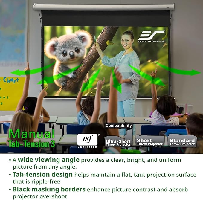 Elite Screens Manual Tab-Tension 3, 125-INCH with Extra 10" Drop, Pull Down Projector Screen Home Movie Gaming Presentations ISF Certified Premium CineWhite® P Material, MT125XWH3-E10