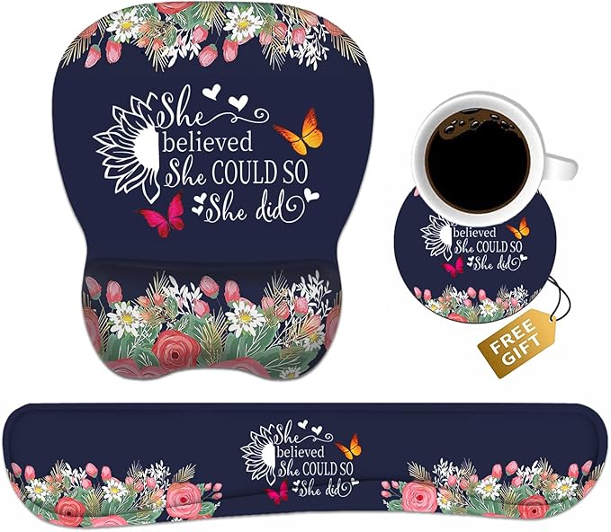 Mouse Pad Wrist Support and Keyboard Wrist Rest Set with Coasters, She Believed She Could So She Did Inspirational Quote with Non-Slip PU Base Ergonomic Mousepad for Computer Laptop Home Office