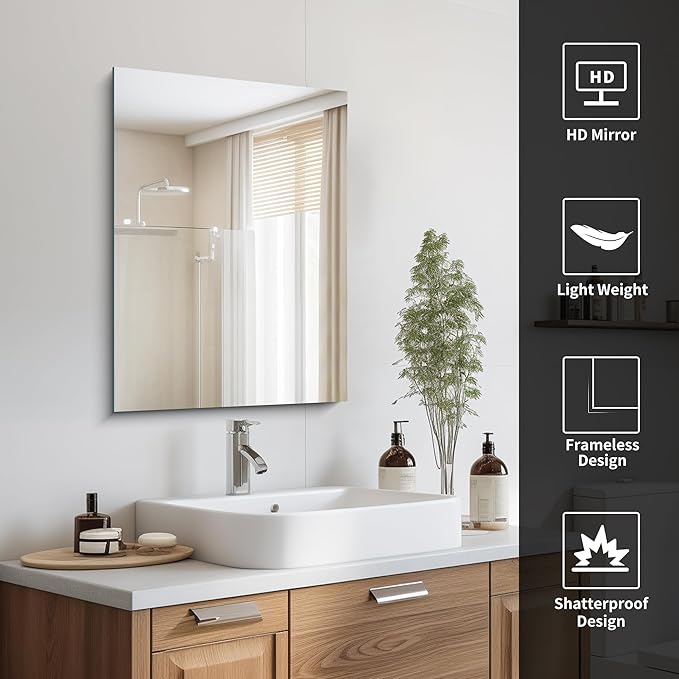 CILIBER Frameless Mirror, 18x24 Mirrors for Wall, Rectangle Bathroom Mirror for Over Sink, 18 inch Vanity Mirror Hangs Horizontally or Vertically for Bathroom, Bedroom and Living Room