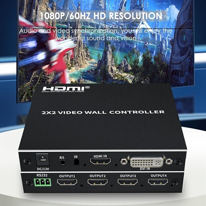 Video Wall Controller, 4K HD Display Seamless Splicing Processor with RS232, Input, 4 Way Audio Output 180° Rotate TV Wall Display 2x2 1x2 1x3 1x4 2x1 3x1 4x1 (US Plug)