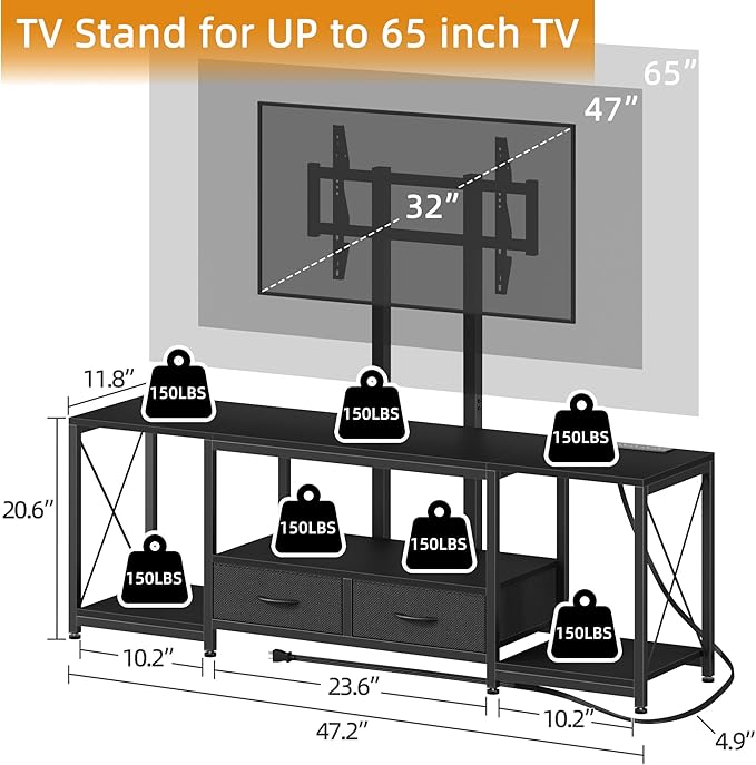 GYIIYUO LED TV Stand with Mount and Power Outlet & Fabric Drawers for 32-85 Inches TV - Entertainment Center and Industrial TV Console Table for Living Room, Bedroom- 47" Black