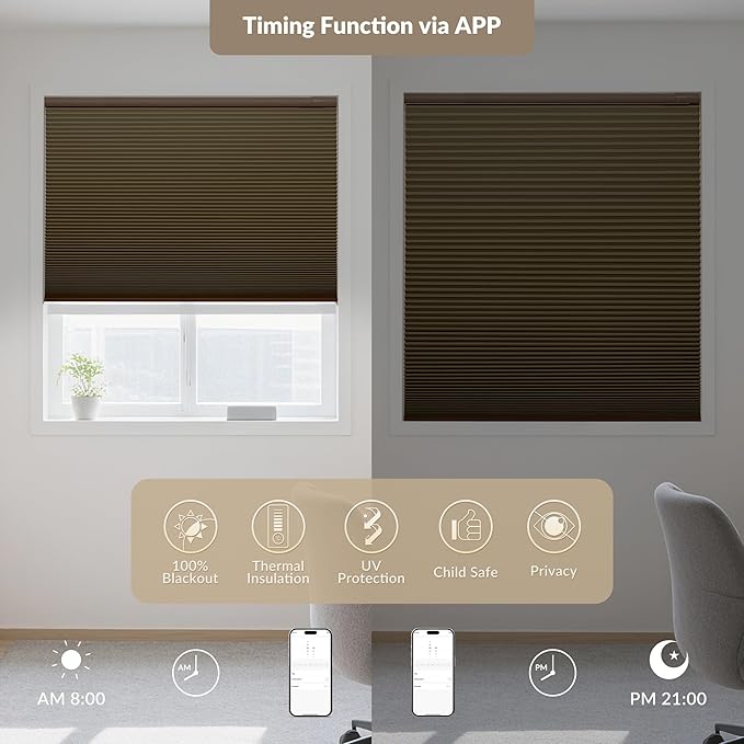 Boolegon No Drill Motorized Cellular Blinds with Remote Motorized Blackout Honeycomb Blinds for Indoor Windows Easy to Install Automatic Cellular Shades for Home,Blackout Dark Brown,Custom Size