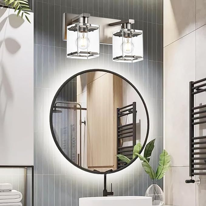 WINSHEN 2-Lights Wall Sconce Lighting E26 Bulb Base, Modern Brushed Nickel Bathroom Vanity Light for Over Mirror Bedroom Cabinet, Wall Light Fixtures with Clear Glass Shades