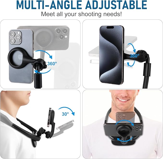 Magnetic Neck Phone Holder, Hands Free POV/Vlog Selfie Mount Flexible Neck Phone Holder for Recording, Magnetic Phone Chest Mount for iPhone 16 15 14 13 Seires and All Smartphones