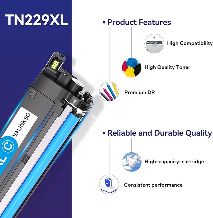 Valinkso TN229XL Toner Cartridge Replacement for Brother TN229 TN229XL Toner Compatible with Brother MFC-L3780CDW HL-L3280CDW MFC-L3720CDW HL-L3220CDW HL-L3300CDW, High Yield 4-Pack (BK/C/M/Y)