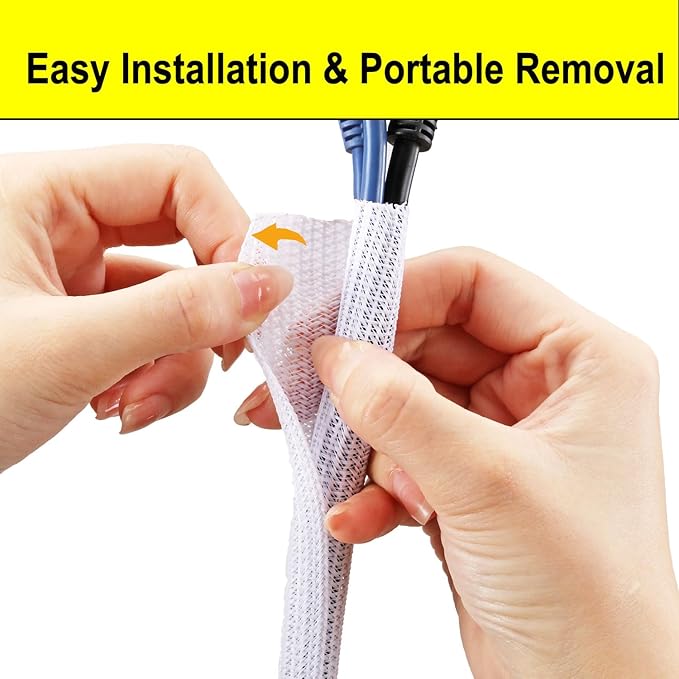 QCSIW 3/4"-50ft Extra-Long Braided Cable Sleeve Protector - Self-Wrapping Pet-Proof Wire Loom for Home Theater, Office, Car Engine, Chew-Resistant Cord Cover, White