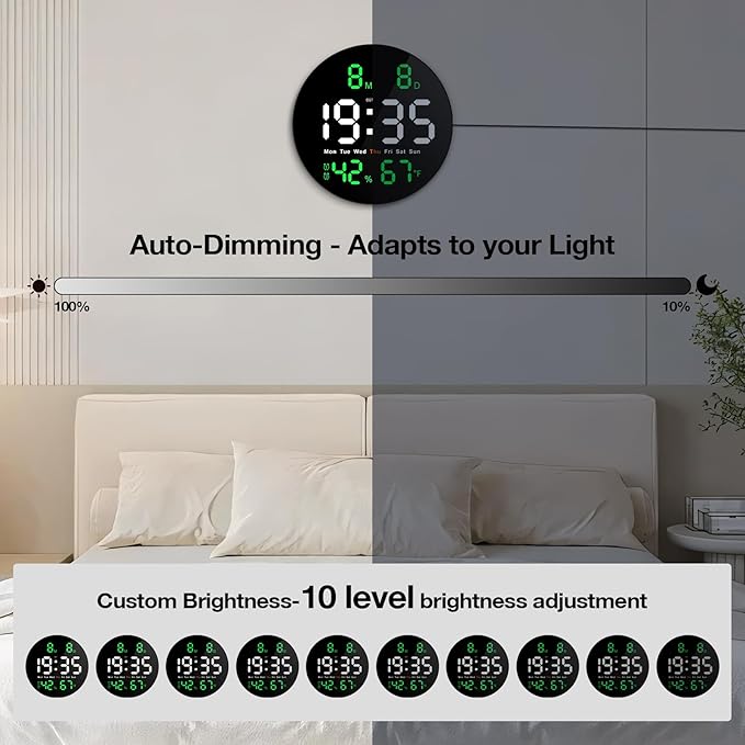 Brauthon Large Digital Clock for Classroom, Digital Classroom Clocks for Teachers, 10" Round LED Clock with Large Display，Date, Countdown Timer, Remote Control, Temperature, Electric (Green)