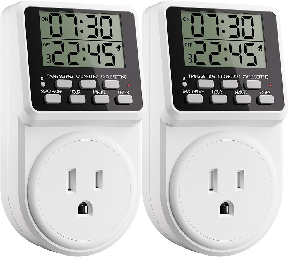 Techbee Indoor Digital Infinite Repeat Cycle Intermittent Outlet Timer Plug 24 Hour Programmable Timed Electrical Power Switch with Countdown Delay on Off Function for Lights and Appliances (2 Pack)