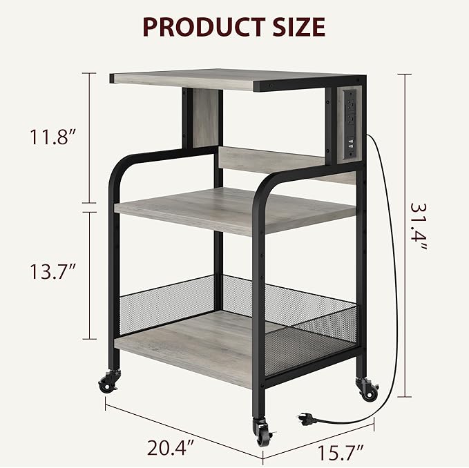 Garvee 3-Tier Large Printer Stand with Power Outlets & USB Ports,Industrial Rolling Printer Cart with Heavy Duty Metal Frame & Adjustable Shelf & Storage & Lockable Wheels for Home Office, Retro Gray