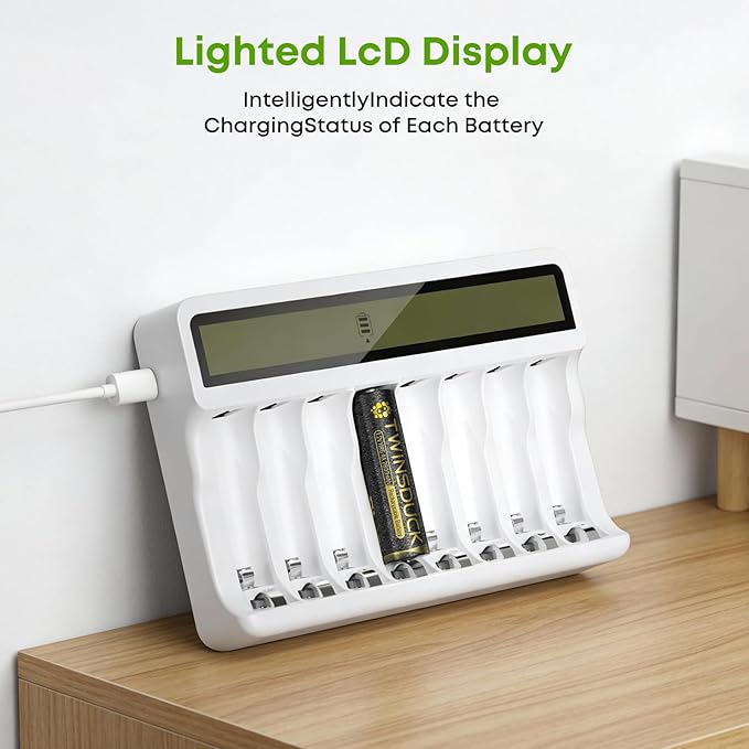 Rechargeable Battery Charger, 8 Bay AA AAA Smart Charger with LCD Display, Independent Slots for Ni-MH Ni-CD Batteries