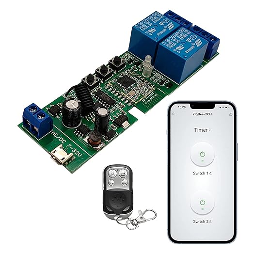Newgoal Zigbee Tuya Smart 2 Channel Smart Relay Module with 433RF Remote Control USB 5V 7-32V Jog/Lock Switch Compatible with Alexa Google Home (Requires ZigBee Hub)