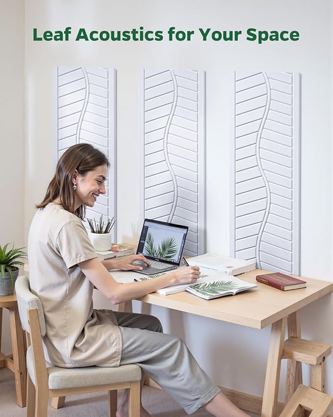 Topnaca 12 Pack Acoustic Wall Panels Sound Absorbing for Recording Studio, Self-Adhesive Leaf Textured Decorative White Art Ceiling Tiles - Acoustical Treatments for Home Gaming Room Door 17"×12"×0.4"