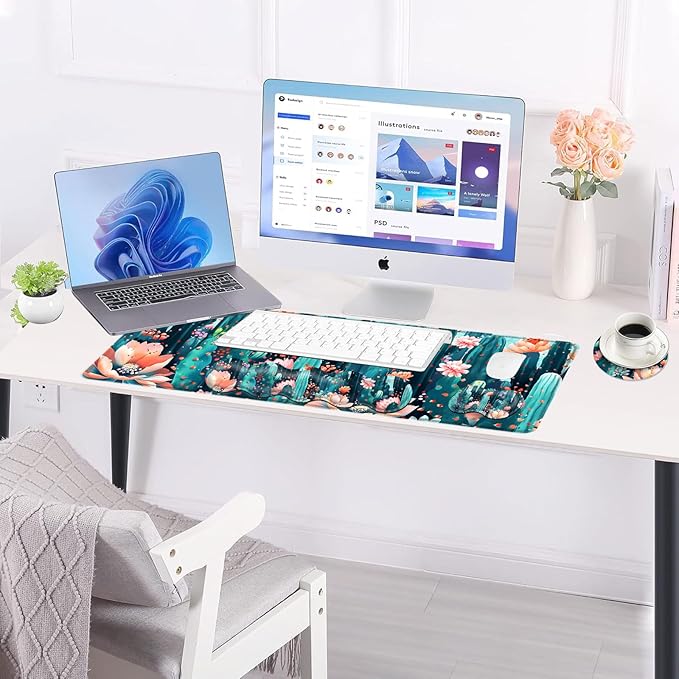 BFUKVOU Large Keyboard Mouse Pad Set, Extended Mouse Pad+Keyboard Wrist Rest Support, Memory Foam Ergonomic Easy Typing, 4Pcs (31.5×11.8 in) Desk Pad Set for Office Home,Cute Cactus Blooming Flowers