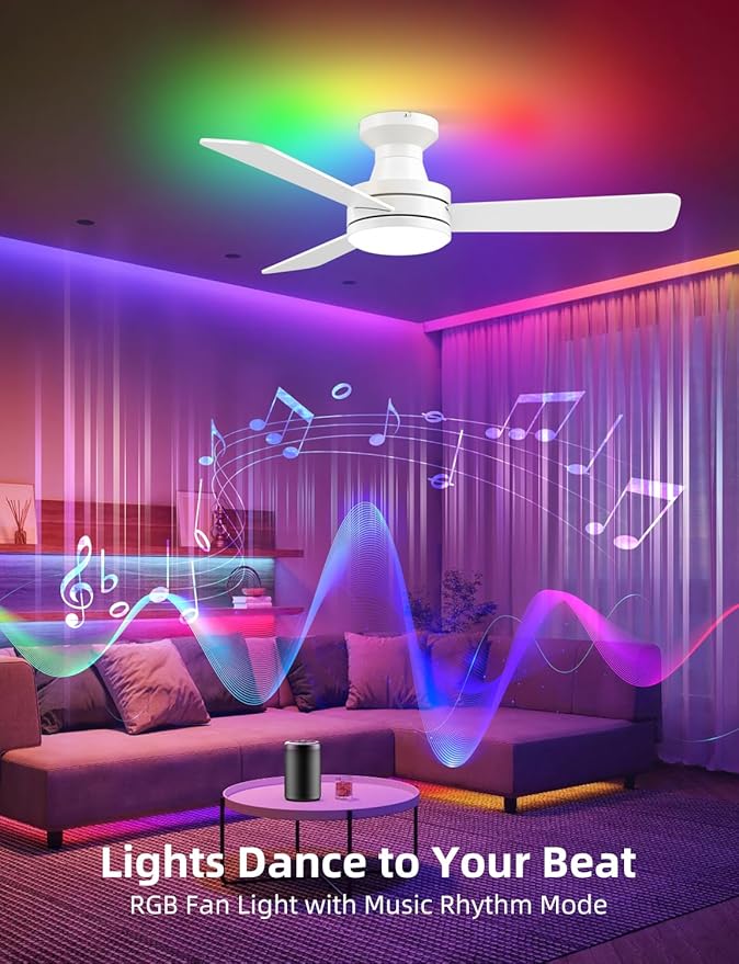 Homlit 42 inch RGB Ceiling Fan with Light, Smart App & Remote Control Low Profile Flush Mount, Music Sync Lighting, 6-Speed Quiet Reversible DC Motor, 4CCT Dimmable for Home Office Party,White