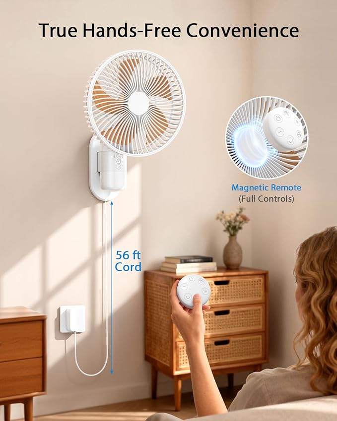 AURATHEA 10” Small Wall Mount Fan with Light and Remote Control, RV FAN with Powerful Airflow,90° Oscillating, 4 Speeds, Timer, 180° Adjustable Tilt, for Home/RV, Bedroom, Small Space Applications
