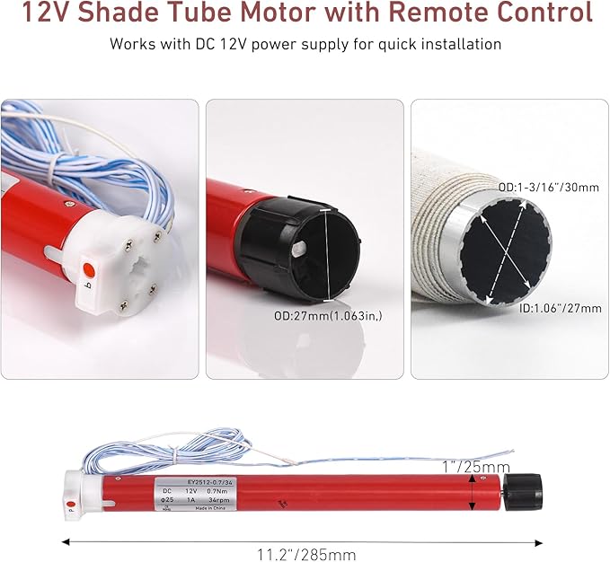 1-3/16inch (30mm) RV Electric Roller Shade Replacement Motor for RV Blinds & Shades – 12V Shade Tube Motor with Remote Control