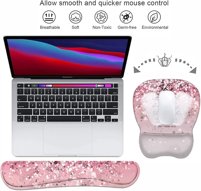 Ergonomic Mouse Pad Wrist Support and Keyboard Wrist Rest Set with Coasters, Non-Slip PU Base, Easy Typing & Pain Relief, Perfect for Home Office Working Studying, Bible Verses Proverbs 31:25