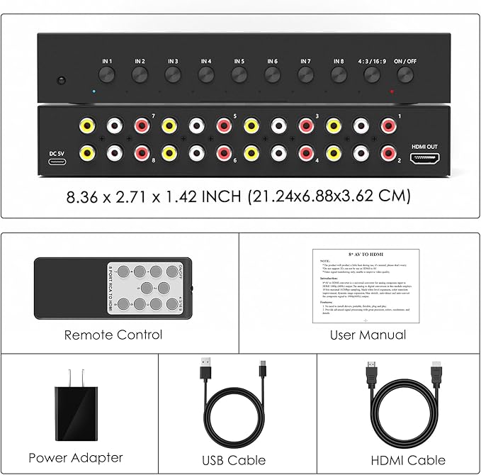 8 Port RCA to HDMI AV to HDMI Converter 1080P/720P 8 Way RCA Composite CVBS AV Switch to HDMI Converter Adapter Support 4:3/16:9 Switch For Sega Xbox PS1 PS2 PS3 N64 NGC SNES WII VHS VCR Camera