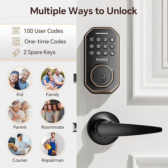 VCHOO Keyless Entry Door Lock Set Smart Locks for Front Door Keypad Door Lock with Handle Auto Lock One Time Password Anti Peeping Password IP54, Bronze