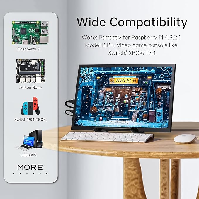 HMTECH 10.1 Inch Raspberry Pi Screen HDMI Monitor 1024x600 LCD Display 16:9 IPS Screen for Raspberry Pi 5/4/3/2/B/B+ Win11/10/8/7, Free-Driver, Non-Touch