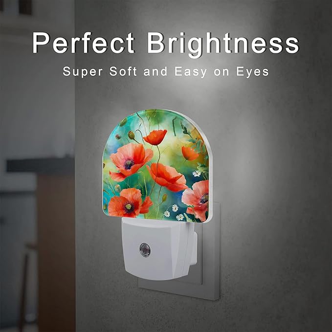 sndheke Watercolor Red Poppies Flower Night Light, Abstract Colorful Floral Dusk to Dawn Night Light Plug in,0.5w Energy Saving Sleep Friendly NightLight for Kids Boys Girls Home Decor