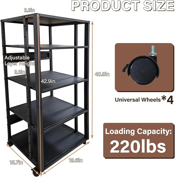 jvsufuik 5-Tier AV Media Stand with Wheels, Media Console Cabinet With Adjustable Shelves, Metal Audio Rack, Mobile Game Console Stand, Stereo Audio Cabinet For Record Player, Dvd, TV Box