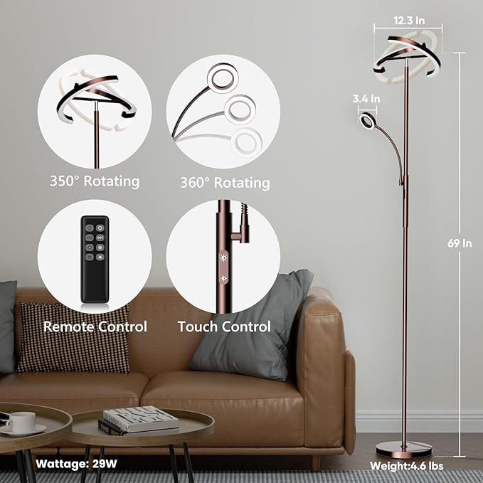 SIBRILLE 2-in-1 Brown LED Floor Lamp - 69" Dimmable Torchiere Standing Lamp with Remote Touch Control, 29W Bright Modern Floor Reading Lamp Pole Light for Living Room Bedroom Office Corner