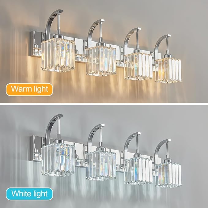 FDPBY Crystal Vanity Lights 4-Light Chrome Bathroom Vanity Lights Modern Crystal Bathroom Light Fixtures Over Mirror 32.67" Long Vanity Light for Bathroom
