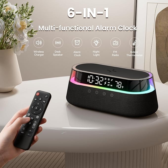 KUANGXIANG 6-in-1 Bluetooth Speaker Alarm Clock with Remote, 15W Fast Wireless Charger Portable Speaker, FM Radio & Dimmable LED Night Light, Snooze 12 24H Dual Digital Clock for Bedroom Home Office