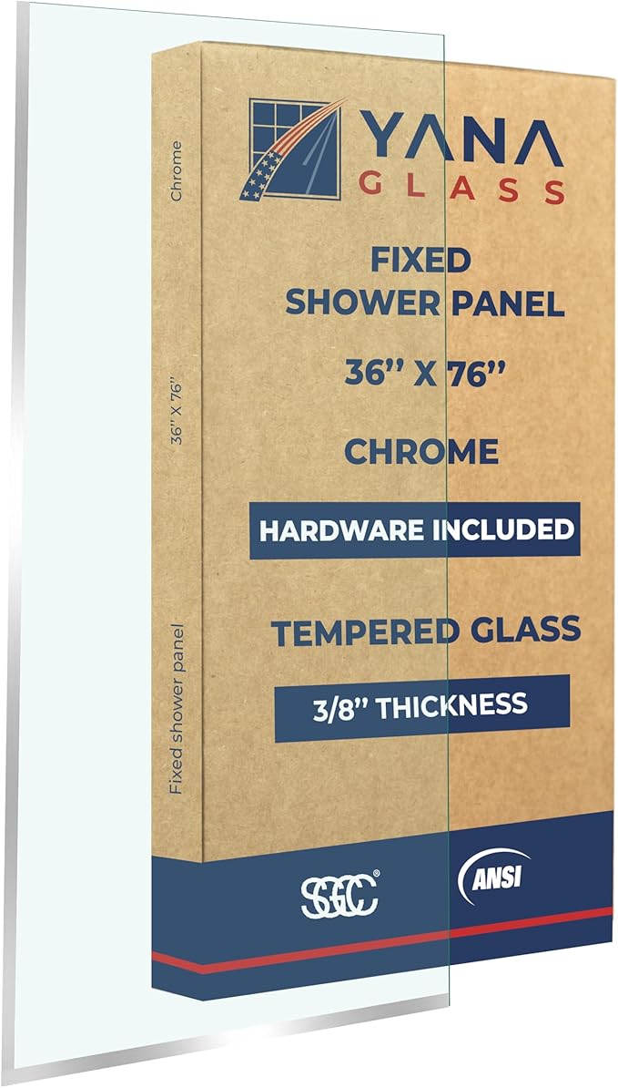 Fixed Glass Shower Panel for Bathroom - 3/8'' Thick Clear Tempered Frameless Glass Shower Door, 36" x 76" Hard Water Resistant with Chrome Finish - By Yana Glass and Mirror