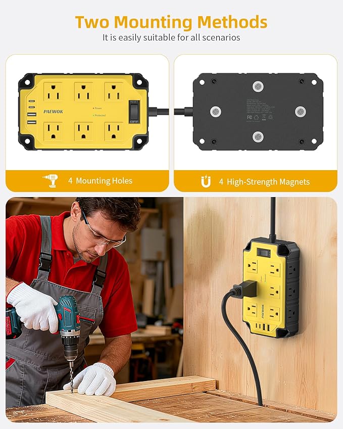 Heavy Duty Power Strip15 Amps/1200 Joules, 12 Outlets with 4 USB Ports (2 USB-C), Industrial Magnetic Surge Protector, 6.5 FT Extension Cord for Industrial Shop Garage (Yellow)
