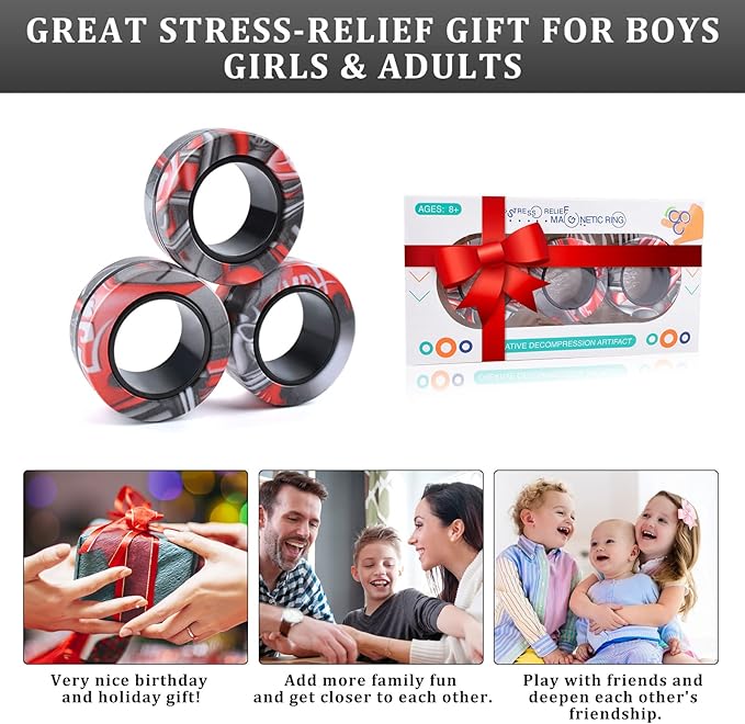 Cevioce 3Pcs Magnetic Rings Fidget Toy Set, Idea ADHD Anxiety Magnetic Fidget Toys Adults Fidget Spinner Rings for Relief, Valentines Day Gifts for 8+ Year Old Teen Boy Girl Easter Basket Stuffers B