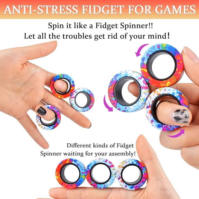 Cevioce 3Pcs Magnetic Rings Fidget Toy Set, Idea ADHD Anxiety Magnetic Fidget Toys Adults Fidget Spinner Rings for Relief, Valentines Day Gifts for 8+ Year Old Teen Boy Girl Easter Basket Stuffers