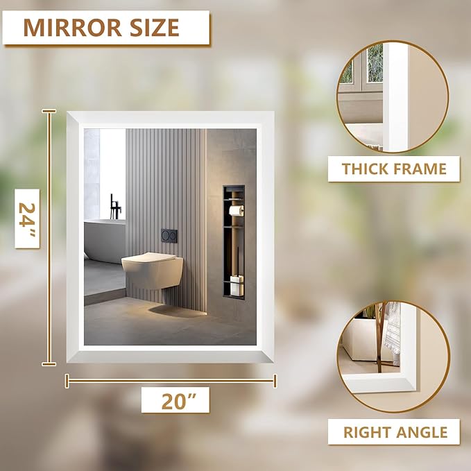 SMIROR Matte White Bathroom Mirror for Over Sink, 20”x 24” Metal Thick Framed Rectangle Vanity Mirror for Wall, Right Angle Corner, Anti-Rust, Horizontally or Vertically Mounted
