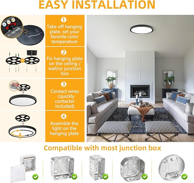 RLEDPZTX Led Flush Mount Ceiling Light,9 Inch 18w 1860lm,3000k/4000k/6000k 3CCT Selectable, Round Modern Flat Panel Super Slim Led Ceiling Light,for Living Dining Kitchen Bedroom Room (4Pack-Black)