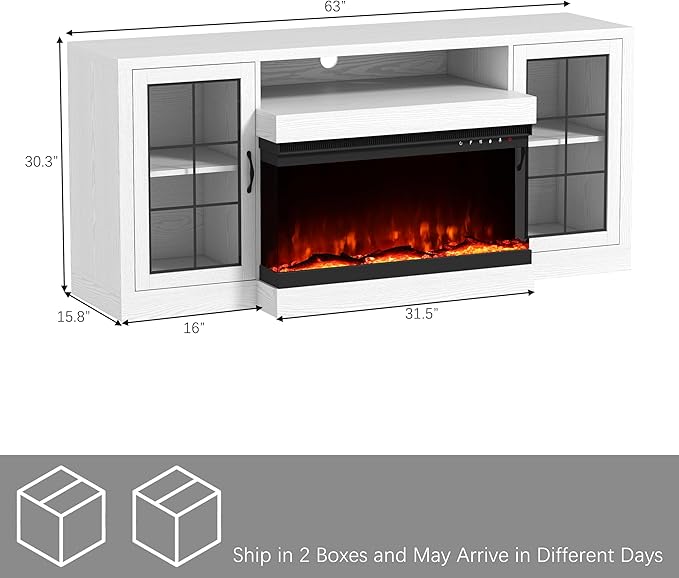 CharaVector 63 inch Fireplace TV Stand for TVs up to 75" with 30" 3-Sided Electric Fireplace, Farmhouse Entertainment Center with Glass Doors & Storage Cabinet, White Oak