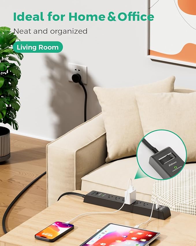2 Pack Surge Protector Power Strip with 6 Outlets 4 USB Ports (2 USB C) 12-Foot Extension Cord Flat Plug 900 Joules 15A Circuit Breaker Wall Mount Desk USB Charging Station for Home Office