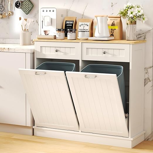 Tilt Out Trash Can Cabinet Dog Proof with Double Wood Hidden Holder, Kitchen Free Standing Recycling Cabinet（White）
