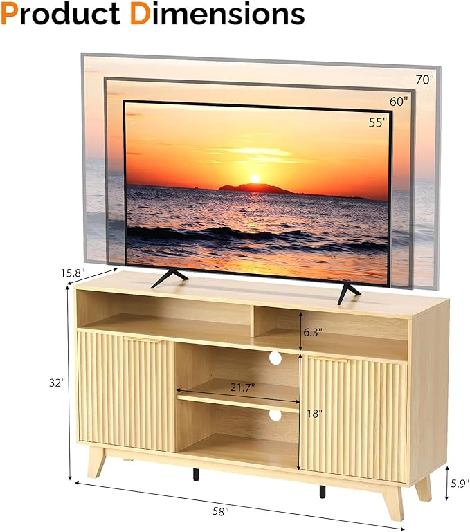 VINGLI Boho Fluted TV Stand for 70" TV, Solid Wood Entertainment Center with Storage and Shelves, Tall Media Console with Cable Management, TV Cabinet for Living Room and Bedroom, Oak