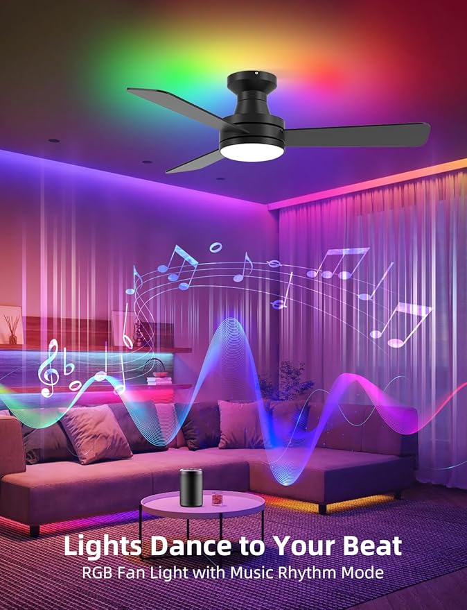 Homlit 42 inch RGB Ceiling Fan with Light, Smart App & Remote Control Low Profile Flush Mount, Music Sync Lighting, 6-Speed Quiet Reversible DC Motor, 4CCT Dimmable for Home Office Party,Black