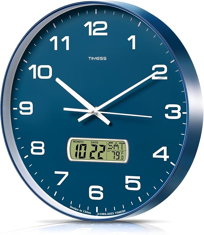 TIMESS Wall Clock, 13" Dial Non-Ticking Silent Battery Operated Analog with LCD Display for Perpetual Calendar and F° Temperature, Ideal Modern Home, Office Decor (Blue)