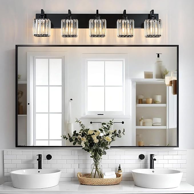 FDPBY Modern Bathroom Vanity Light 5-Lights Plating Black Vanity Light Crystal Wall Light Bathroom Light Fixtures