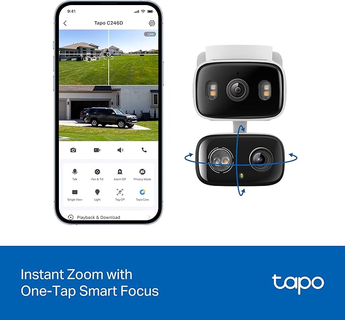 Tapo 2K 3MP Indoor/Outdoor Dual Lens Pan/Tilt Security Camera – 125° Wide-Angle + 6mm Telephoto, Free Person/Vehicle Detection, 360° View, SD/Cloud, Works w/Alexa & Google Assistant – HybridCam Duo
