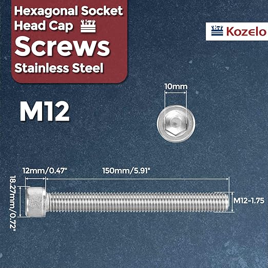 Kozelo 2pcs Socket Head Cap Screws - [M12-1.75 x 150mm] 304 Stainless Steel Allen Socket Drive for Electrical Motor 3D Printing Fan Engine Replacement Use, Silver